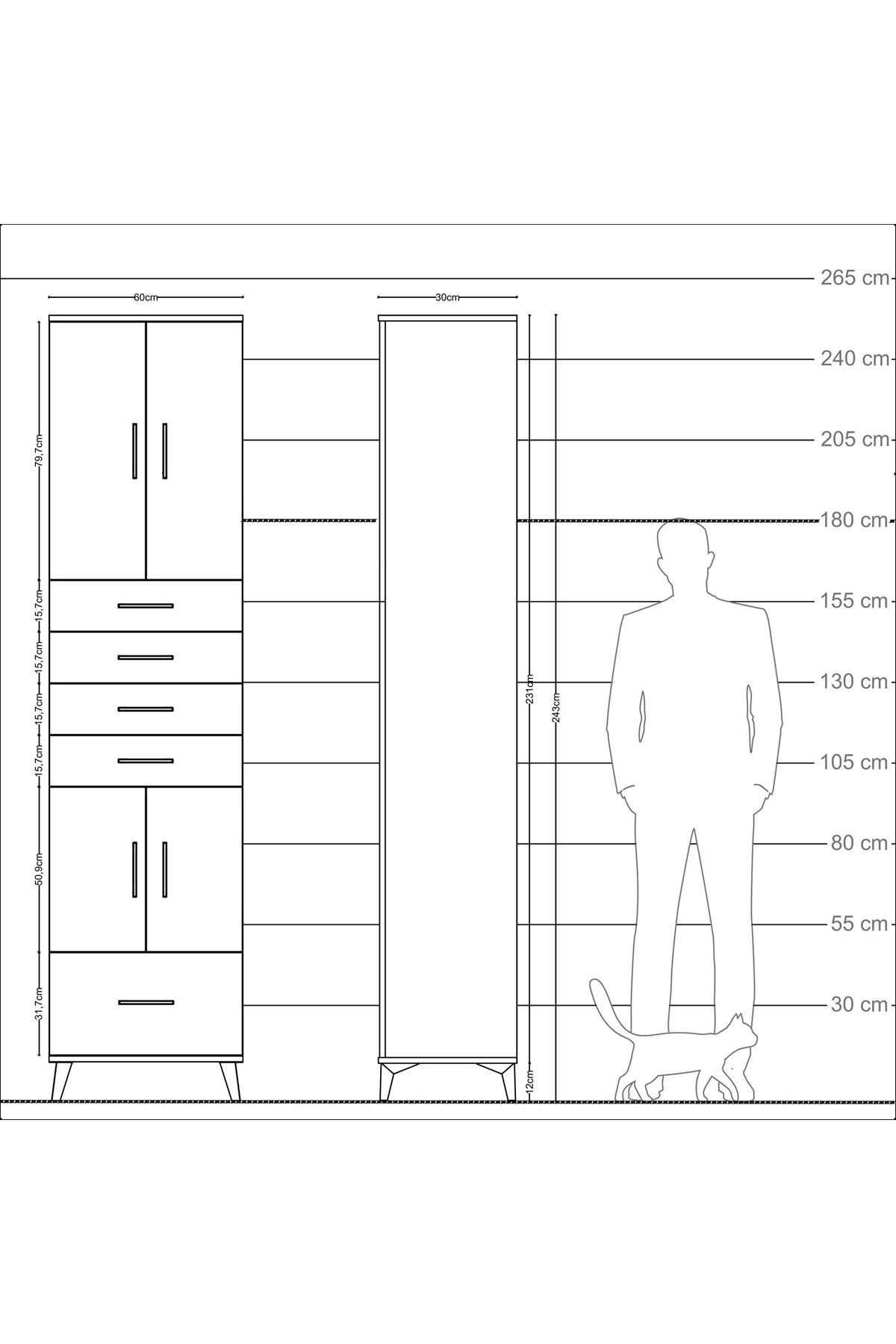Arges Dolap 4 Raflı 5 Çekmeceli 4 Kapaklı 60x30x243 Çam-Aytaşı
