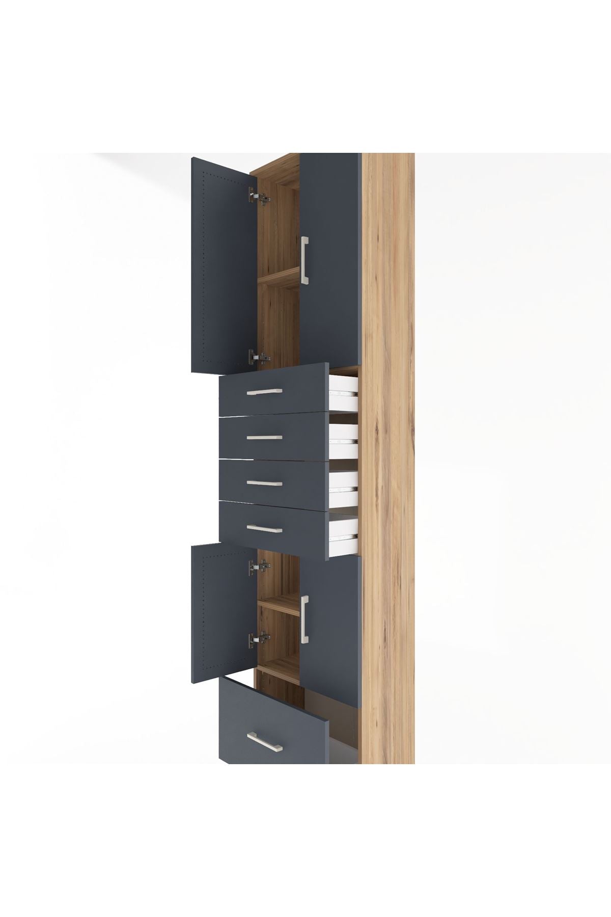 Arges Dolap 4 Raflı 5 Çekmeceli 4 Kapaklı 60x30x243 Çam-Antrasit