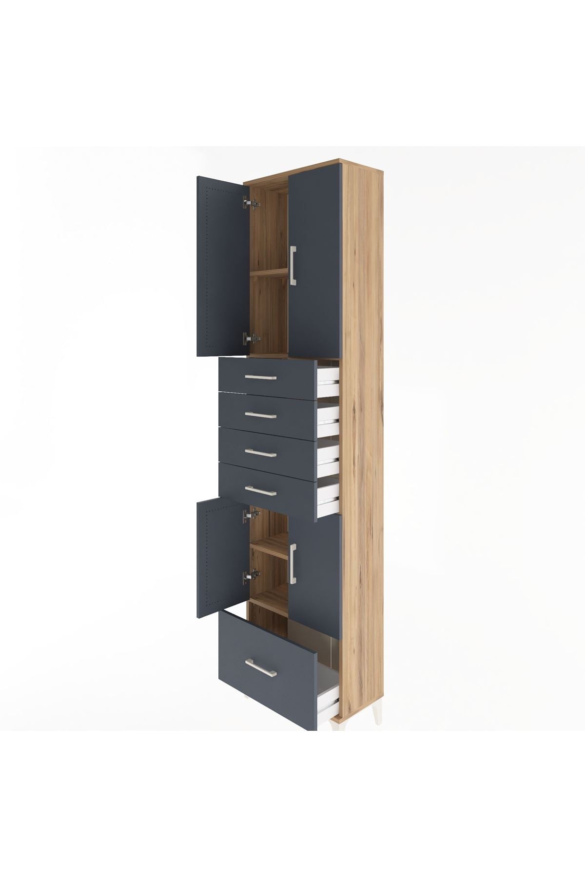 Arges Dolap 4 Raflı 5 Çekmeceli 4 Kapaklı 60x30x243 Çam-Antrasit