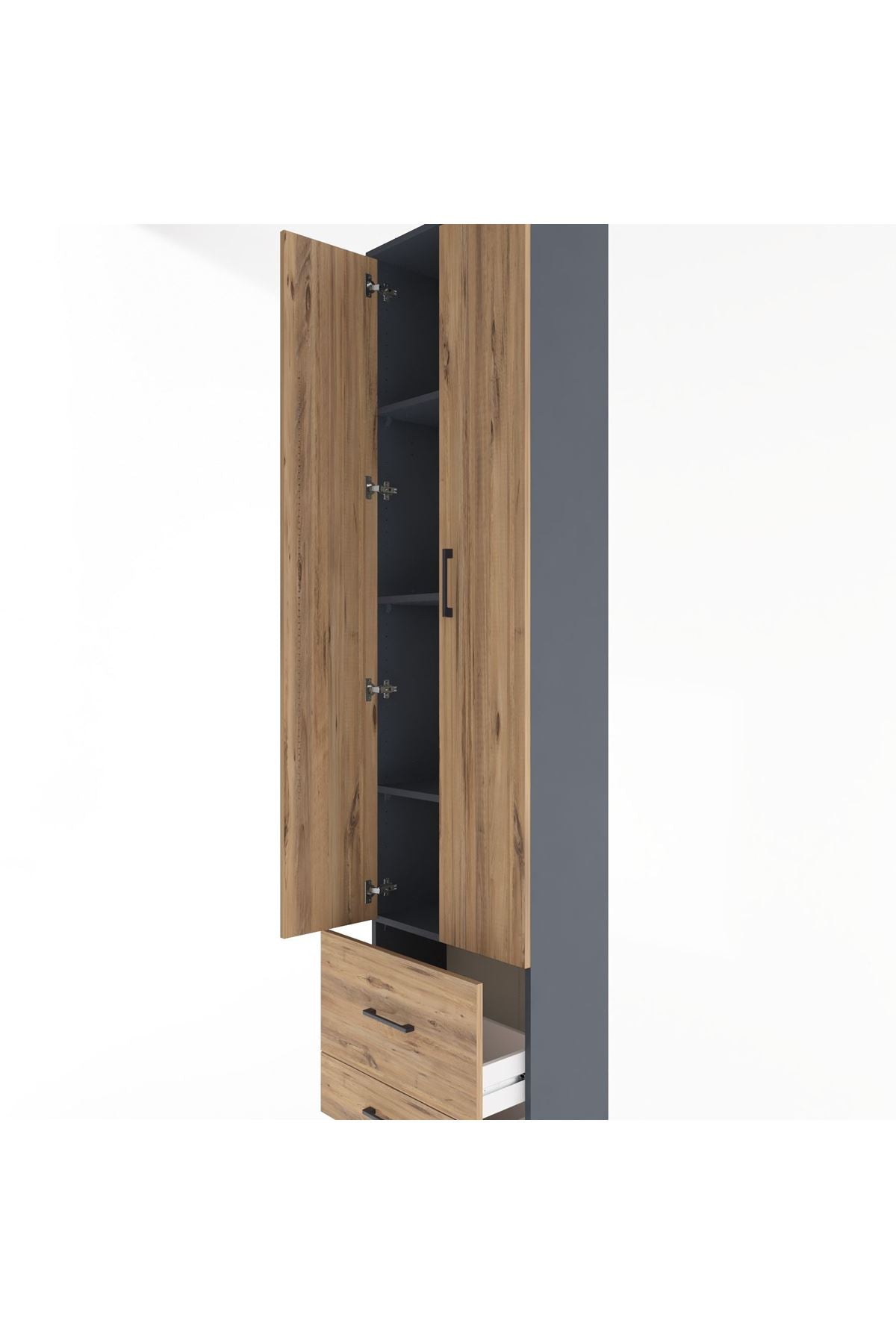 Arges Dolap 4 Raflı 2 Çekmeceli 2 Kapaklı 60x30x243 Antrasit-Çam