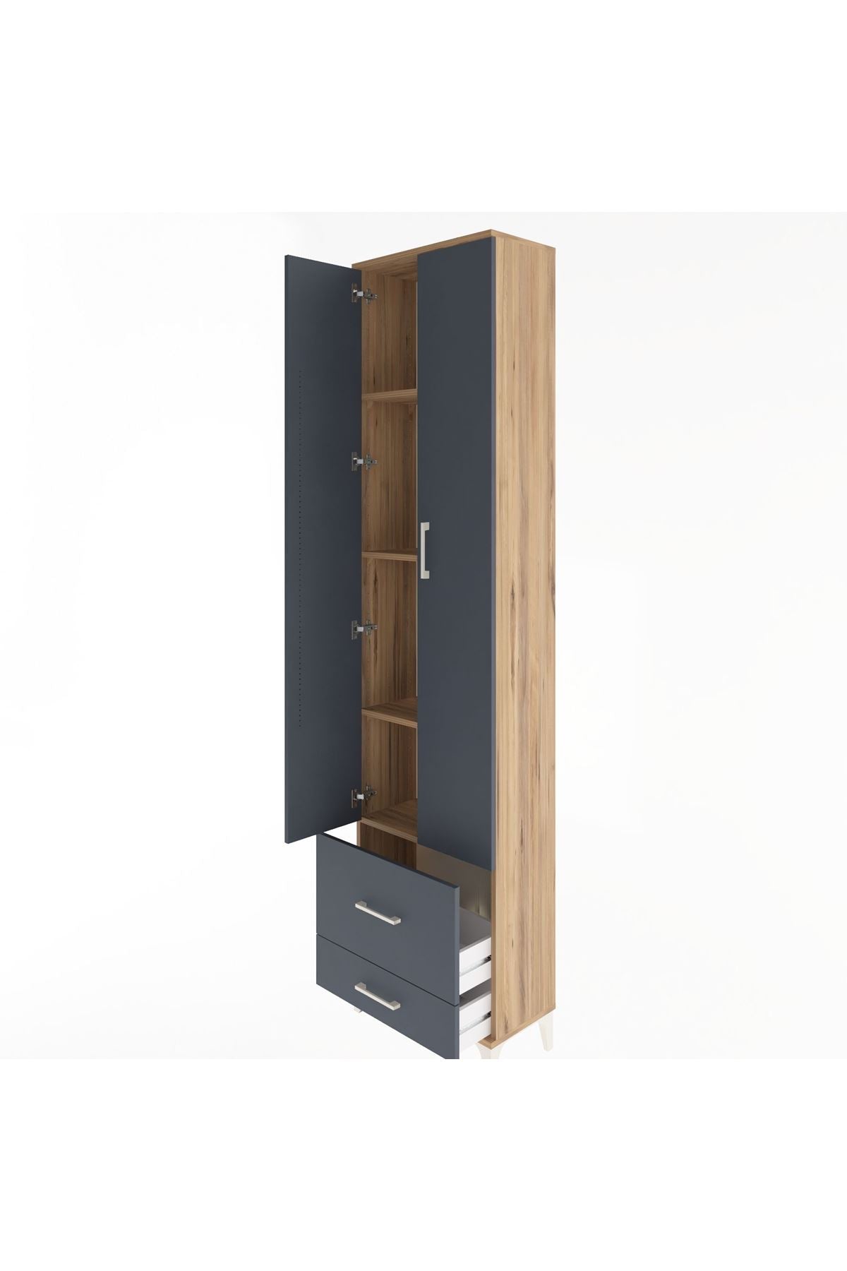 Arges Dolap 4 Raflı 2 Çekmeceli 2 Kapaklı 60x30x243 Çam-Antrasit
