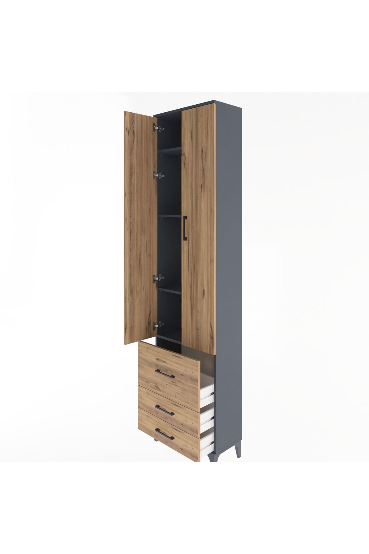 Arges Dolap 4 Raflı 3 Çekmeceli 2 Kapaklı 60x30x243 Antrasit-Çam