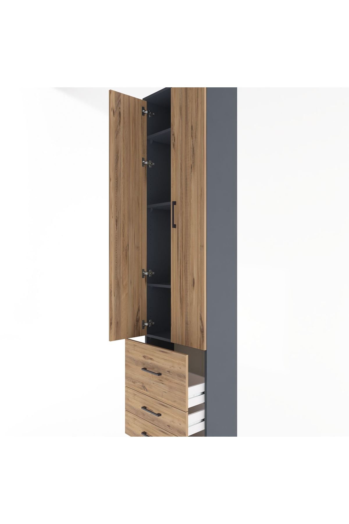 Arges Dolap 4 Raflı 3 Çekmeceli 2 Kapaklı 60x30x243 Antrasit-Çam