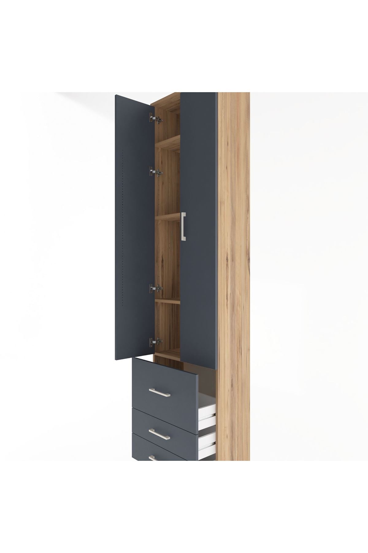 Arges Dolap 4 Raflı 3 Çekmeceli 2 Kapaklı 60x30x243 Çam-Antrasit