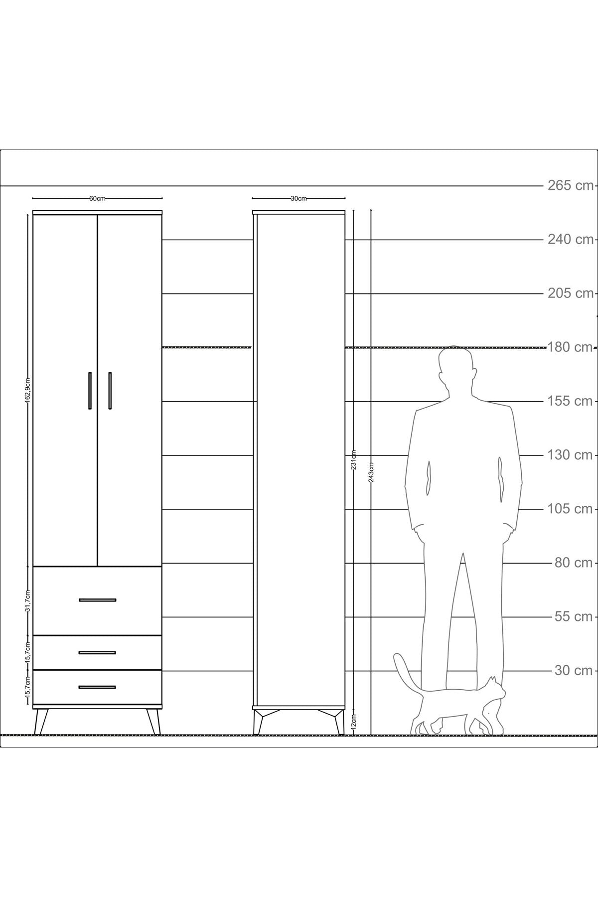Arges Dolap 4 Raflı 3 Çekmeceli 2 Kapaklı 60x30x243 Çam-Çam