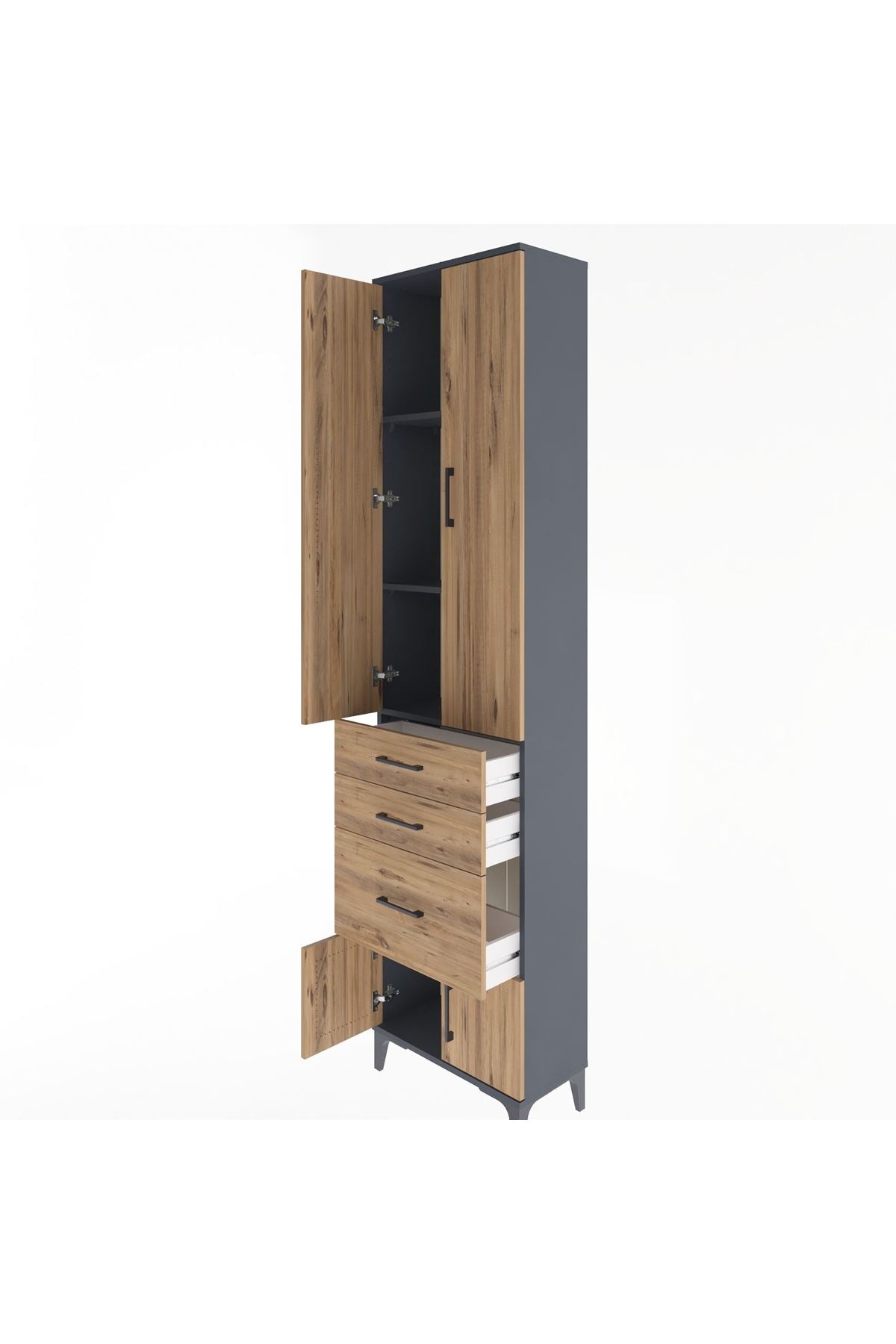 Arges Dolap 3 Raflı 3 Çekmeceli 4 Kapaklı 60x30x243 Antrasit-Çam