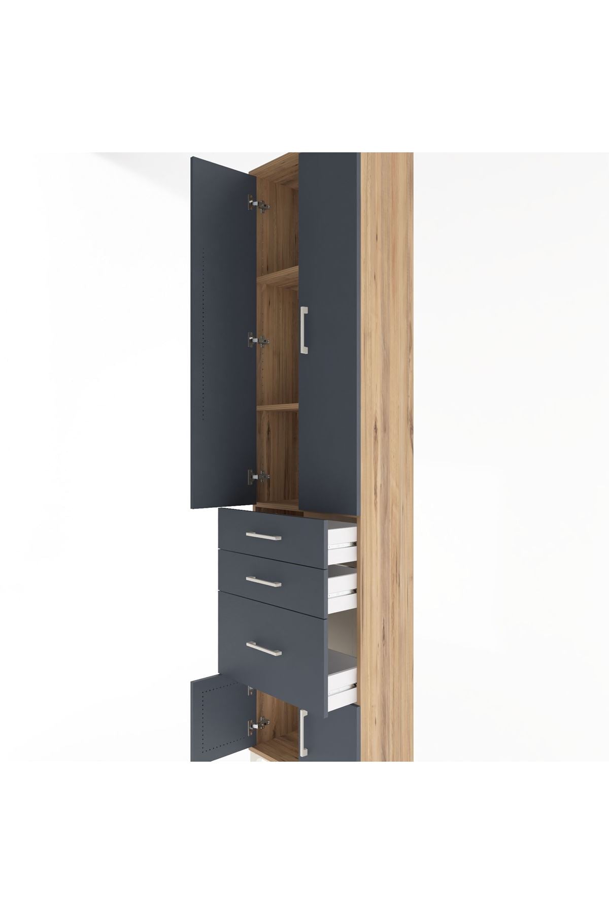 Arges Dolap 3 Raflı 3 Çekmeceli 4 Kapaklı 60x30x243 Çam-Antrasit