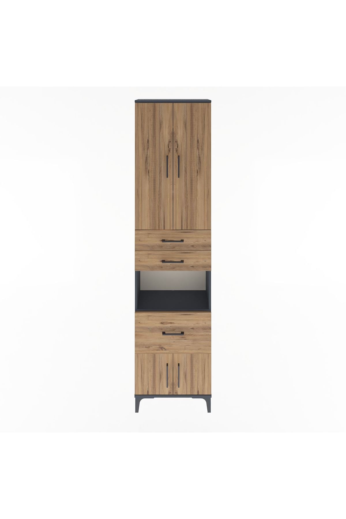 Arges Dolap 4 Raflı 3 Çekmeceli 2 Kapaklı 60x30x243 Antrasit-Çam