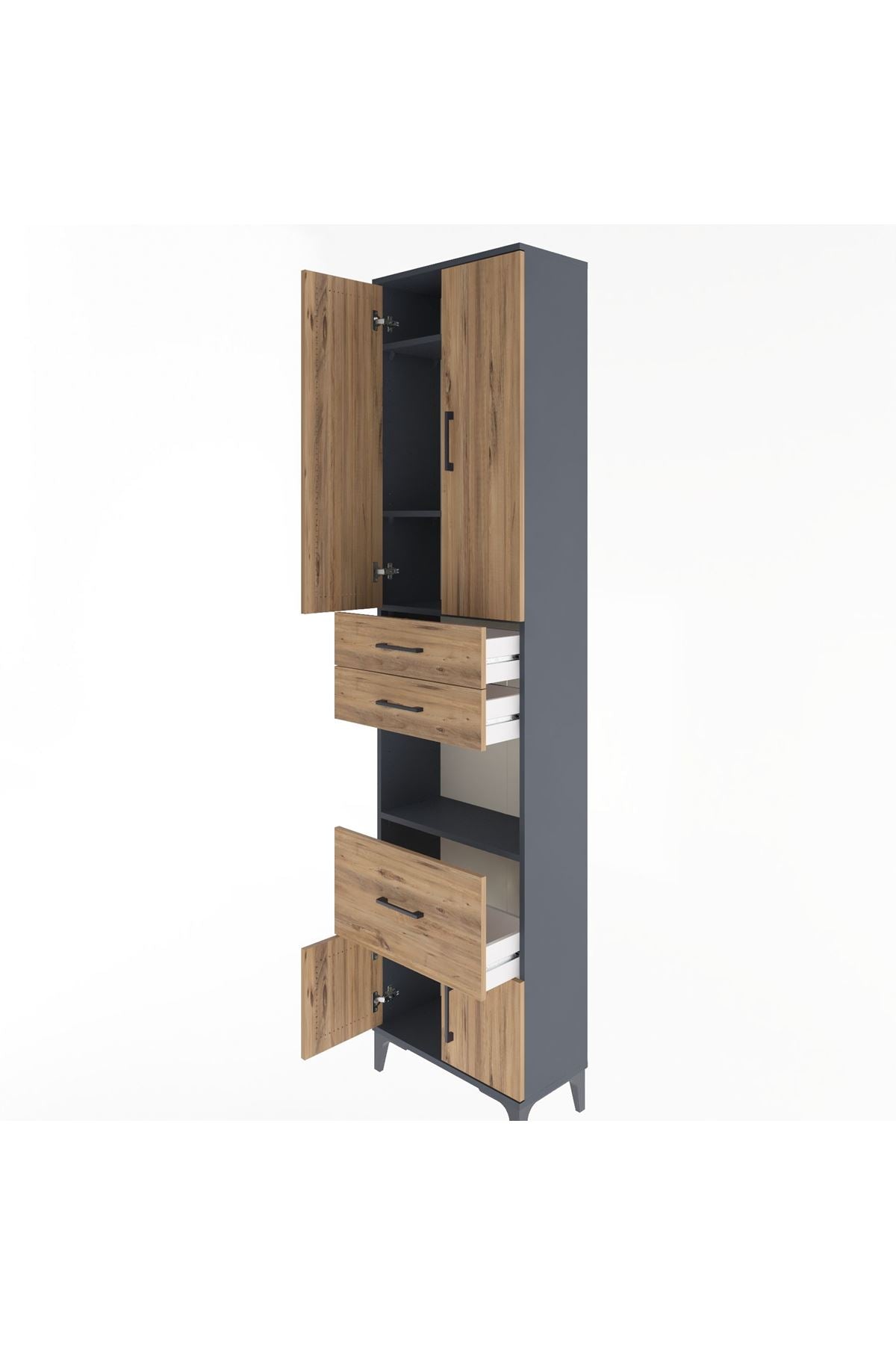 Arges Dolap 4 Raflı 3 Çekmeceli 2 Kapaklı 60x30x243 Antrasit-Çam