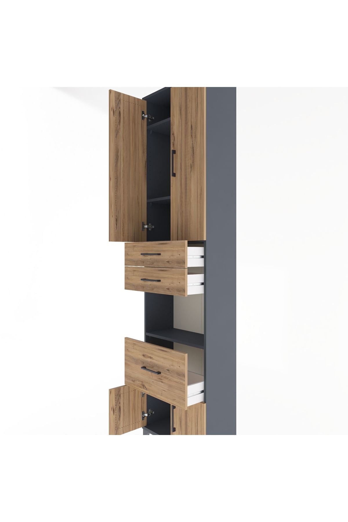 Arges Dolap 4 Raflı 3 Çekmeceli 2 Kapaklı 60x30x243 Antrasit-Çam