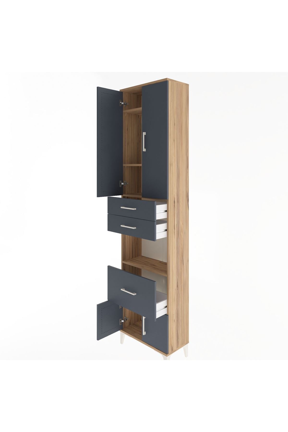 Arges Dolap 4 Raflı 3 Çekmeceli 2 Kapaklı 60x30x243 Çam-Antrasit