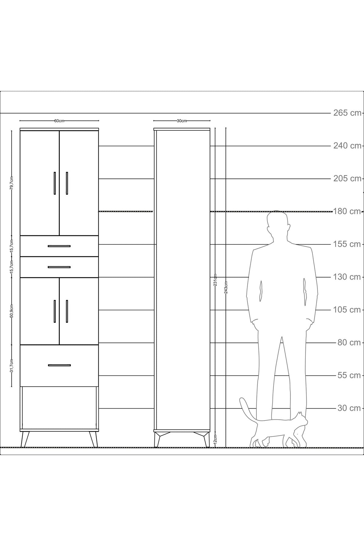 Arges Dolap 4 Raflı 3 Çekmeceli 4 Kapaklı 60x30x243 Çam-Aytaşı