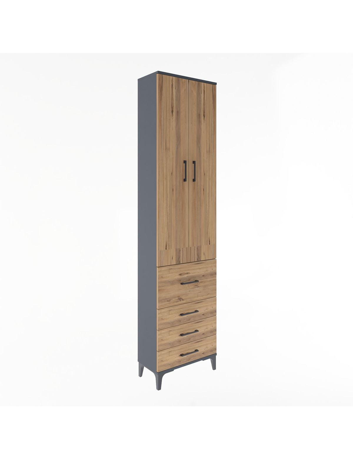 Arges Dolap 4 Raflı 4 Çekmeceli 2 Kapaklı 60x30x243 Antrasit-Çam