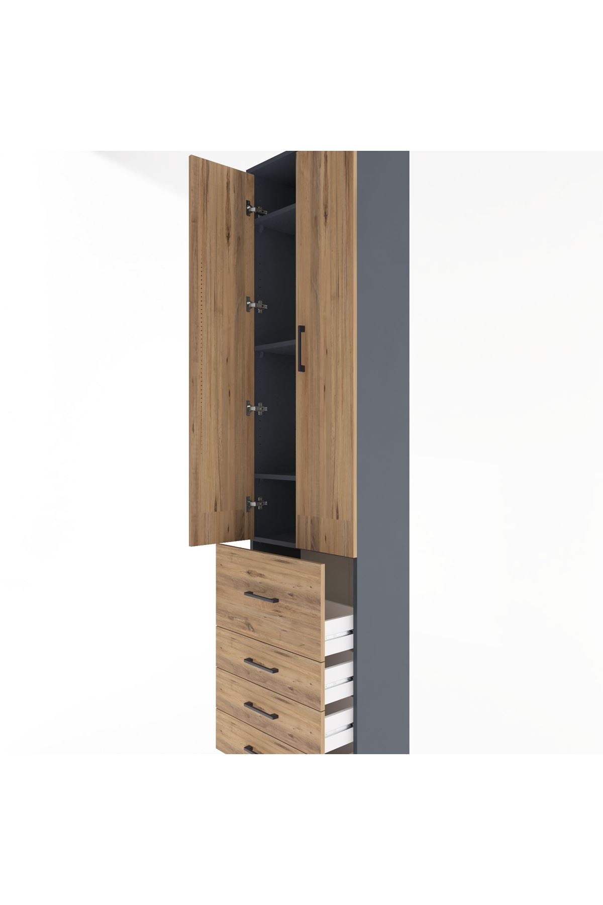 Arges Dolap 4 Raflı 4 Çekmeceli 2 Kapaklı 60x30x243 Antrasit-Çam