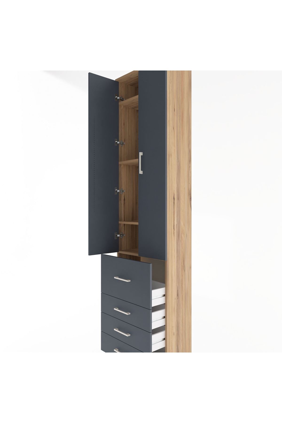 Arges Dolap 4 Raflı 4 Çekmeceli 2 Kapaklı 60x30x243 Çam-Antrasit