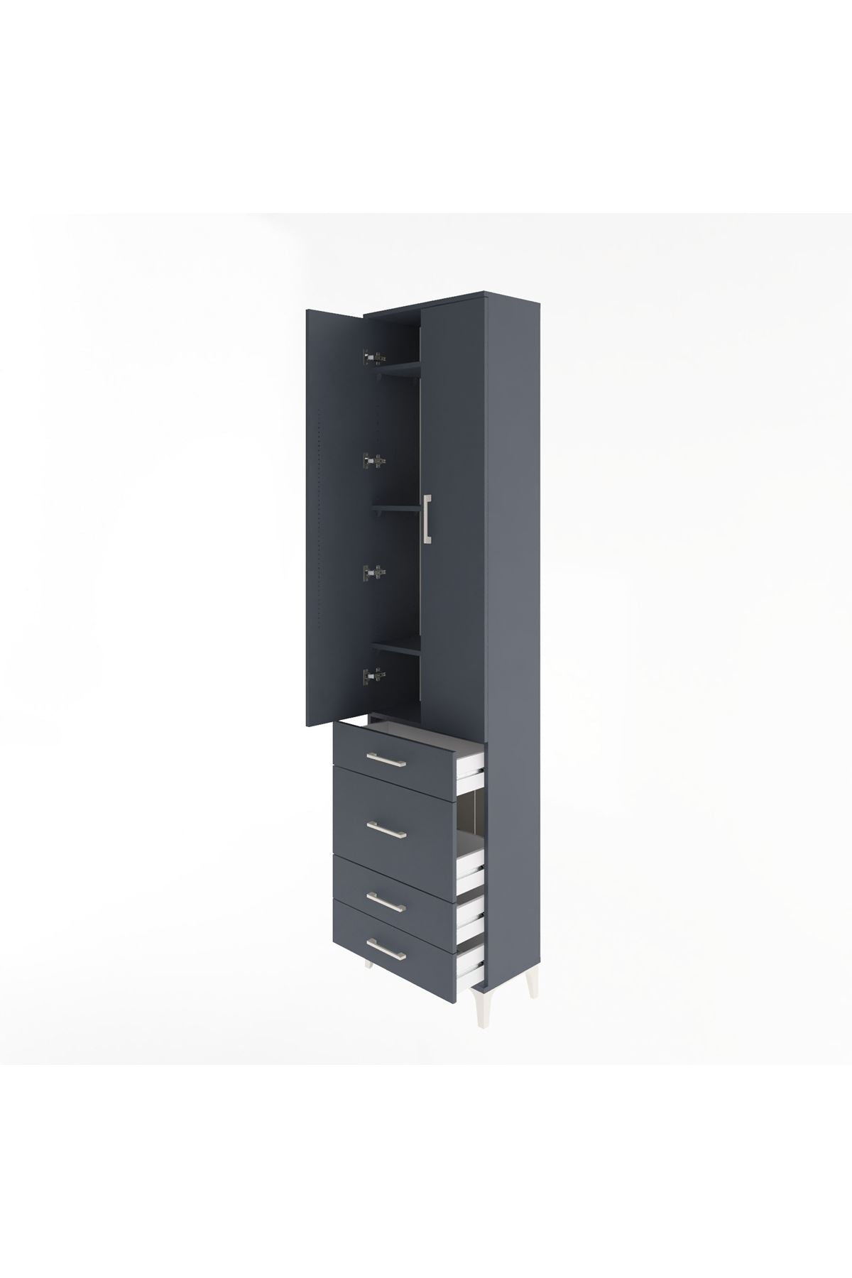 Arges Dolap 4 Raflı 4 Çekmeceli 2 Kapaklı 60x30x243 Antrasit-Antrasit