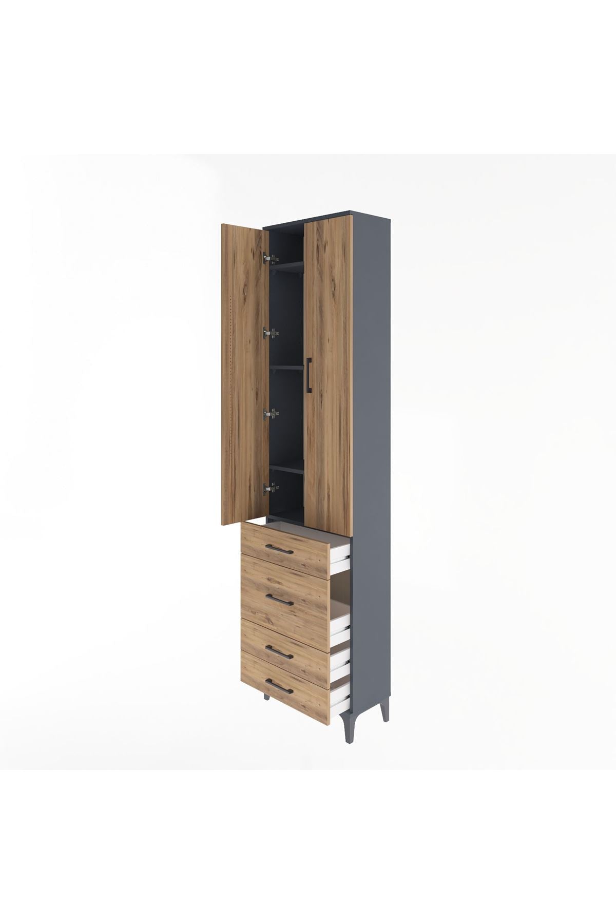 Arges Dolap 4 Raflı 4 Çekmeceli 2 Kapaklı 60x30x243 Antrasit-Çam