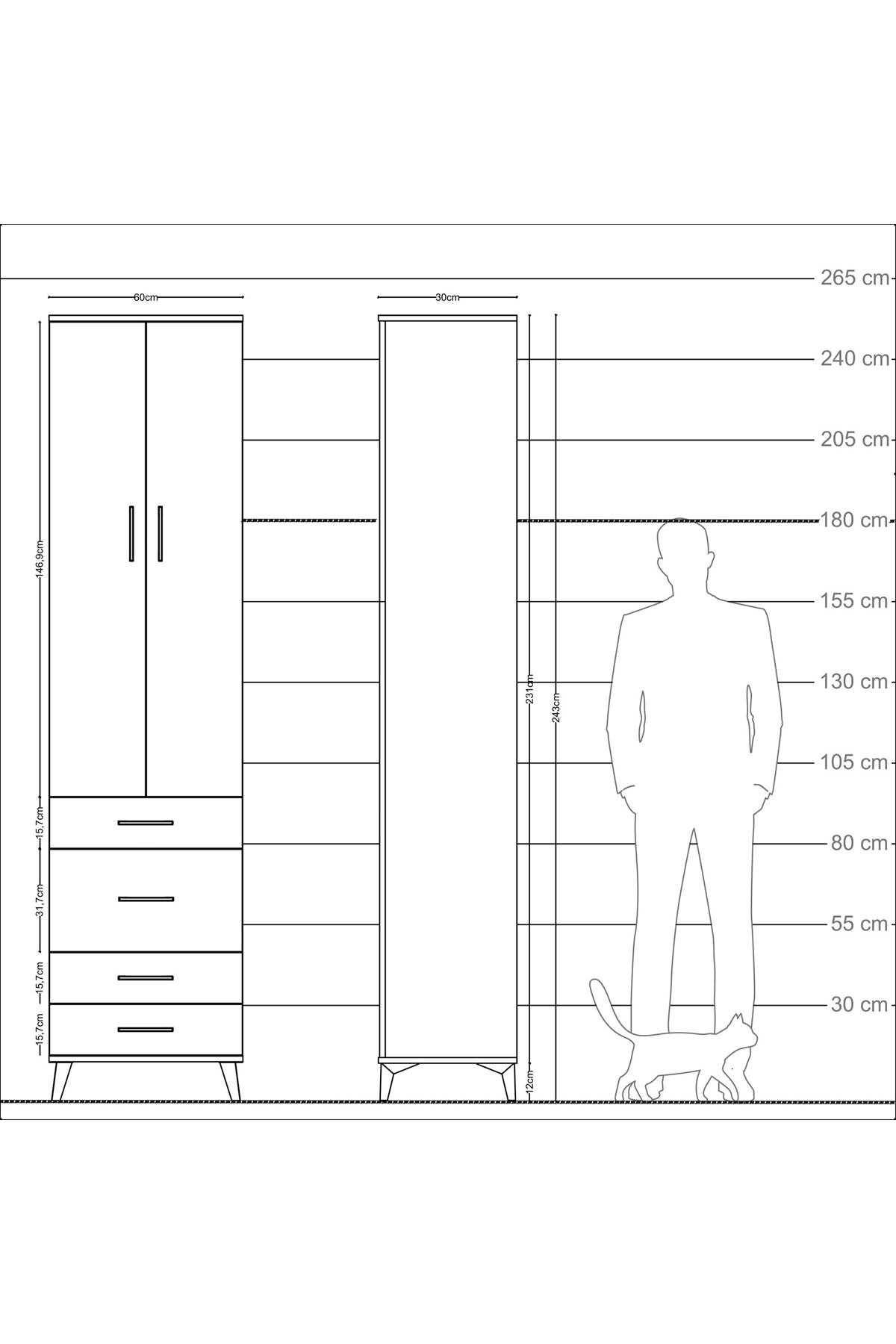Arges Dolap 4 Raflı 4 Çekmeceli 2 Kapaklı 60x30x243 Çam-Aytaşı