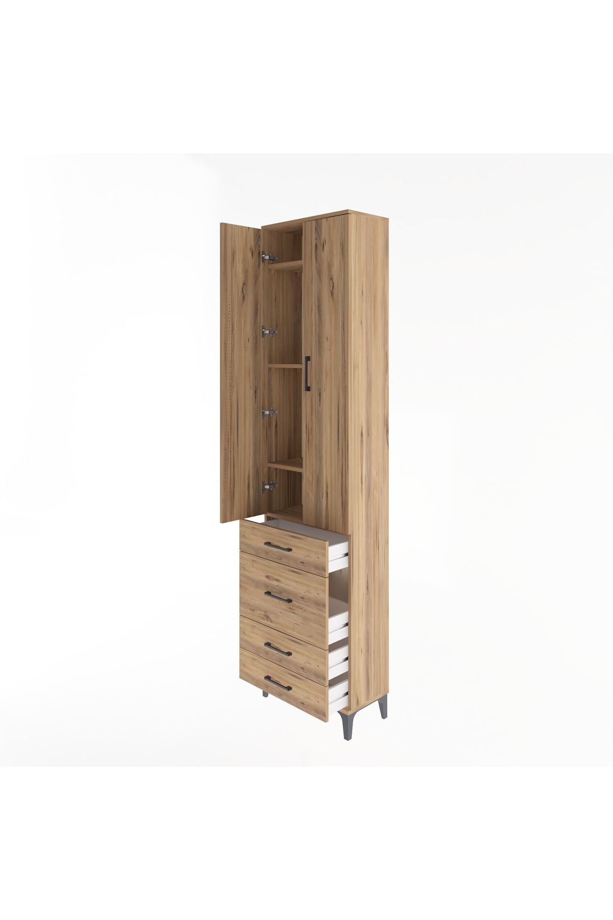 Arges Dolap 4 Raflı 4 Çekmeceli 2 Kapaklı 60x30x243 Çam-Çam