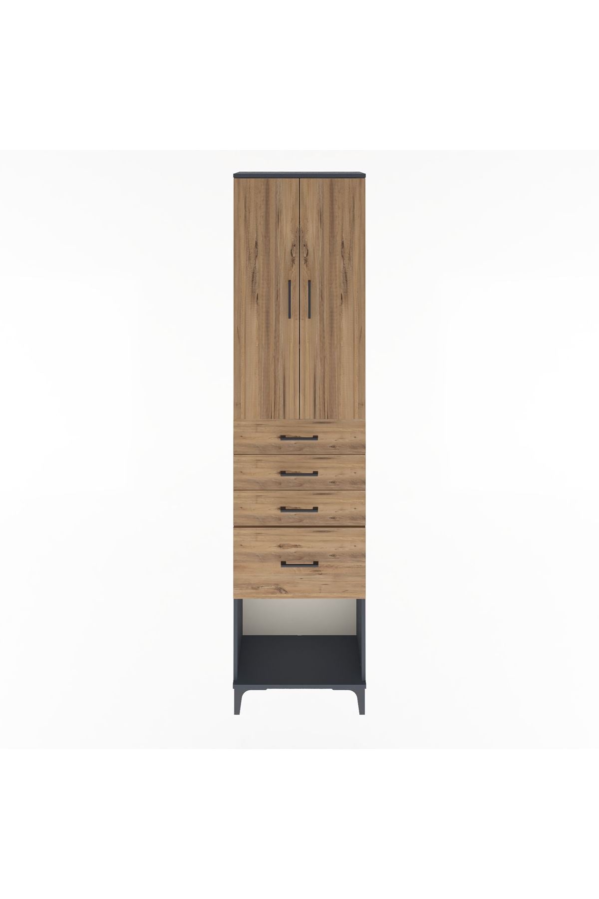 Arges Dolap 3 Raflı 4 Çekmeceli 2 Kapaklı 60x30x243 Antrasit-Çam