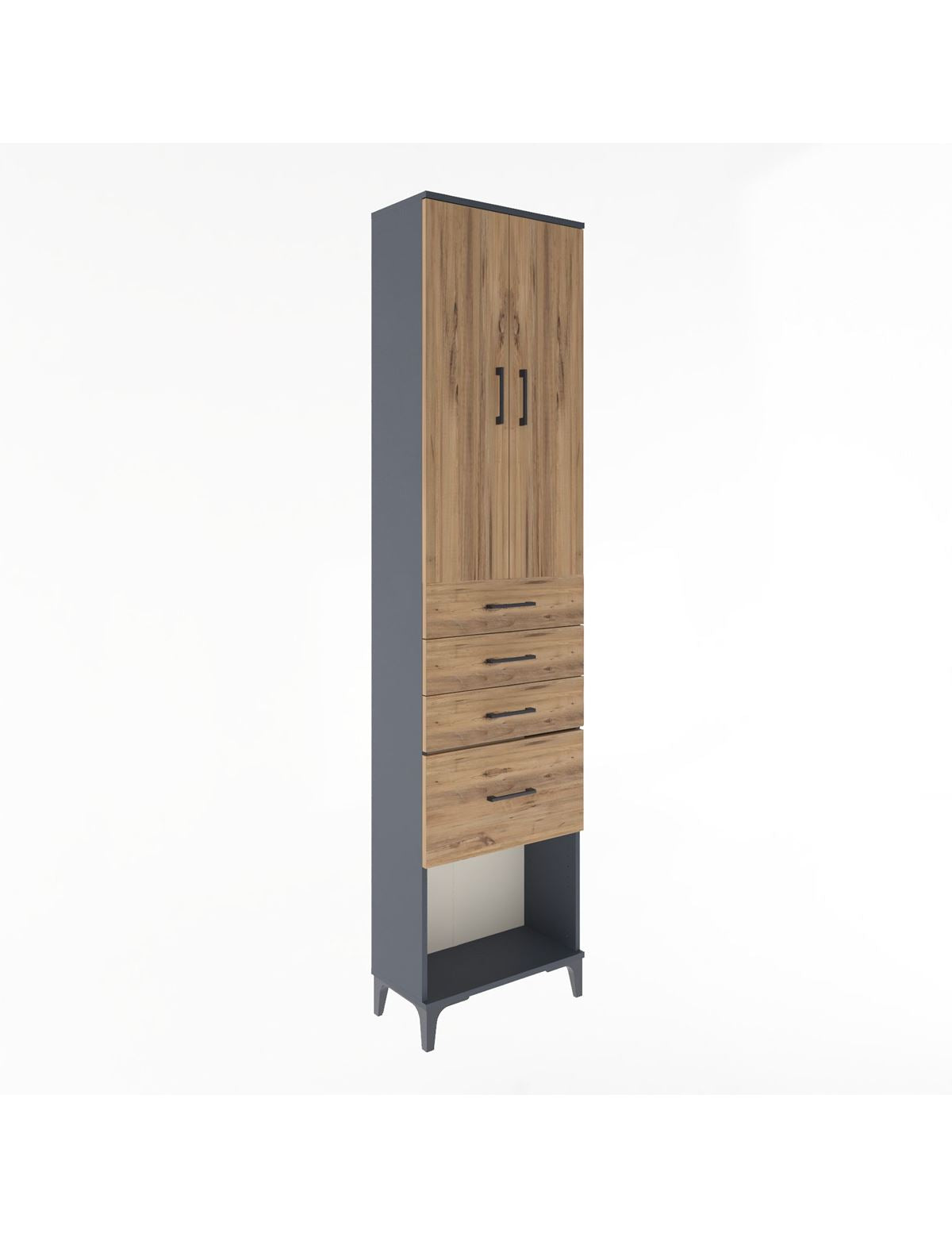 Arges Dolap 3 Raflı 4 Çekmeceli 2 Kapaklı 60x30x243 Antrasit-Çam