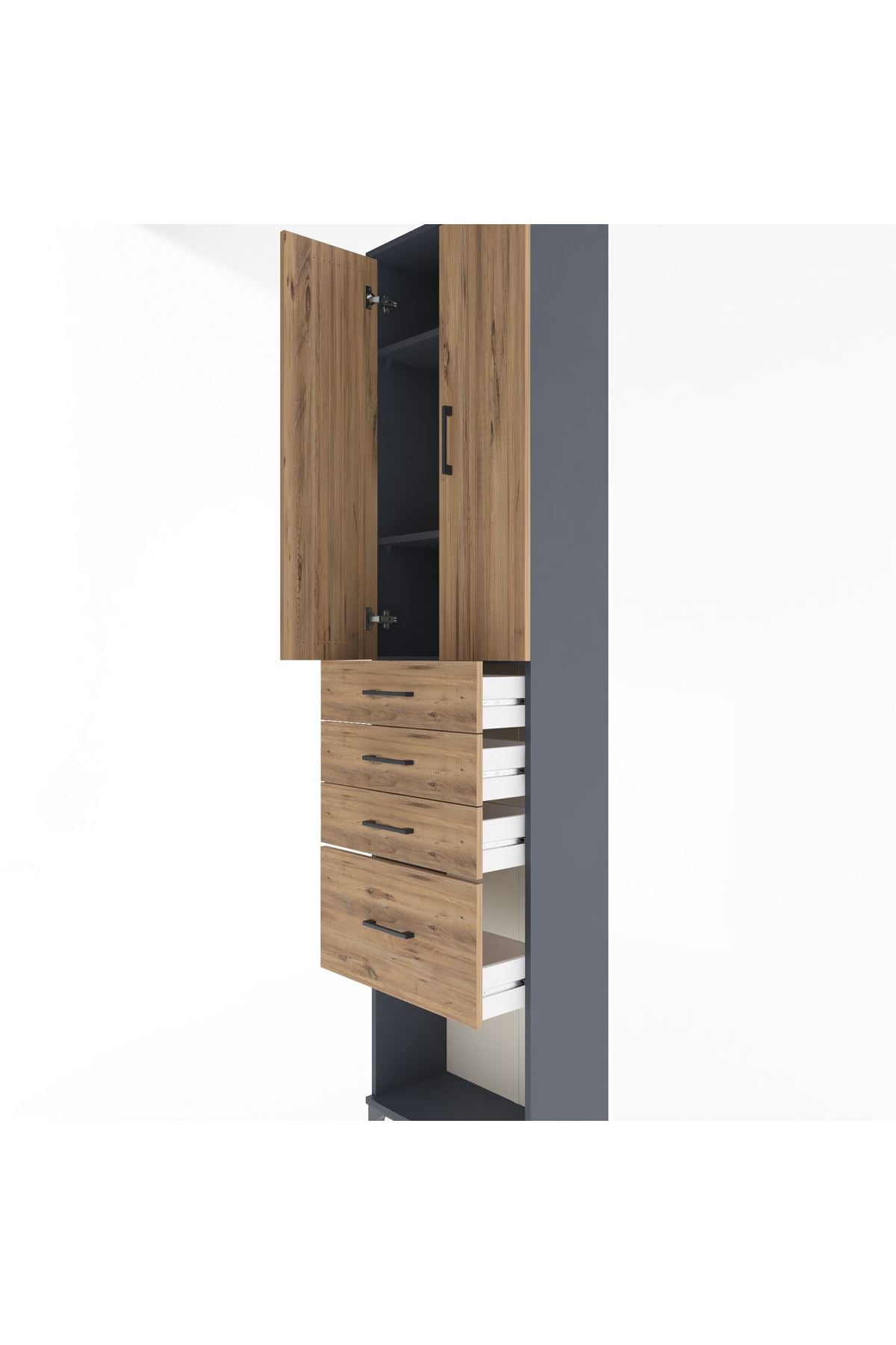 Arges Dolap 3 Raflı 4 Çekmeceli 2 Kapaklı 60x30x243 Antrasit-Çam