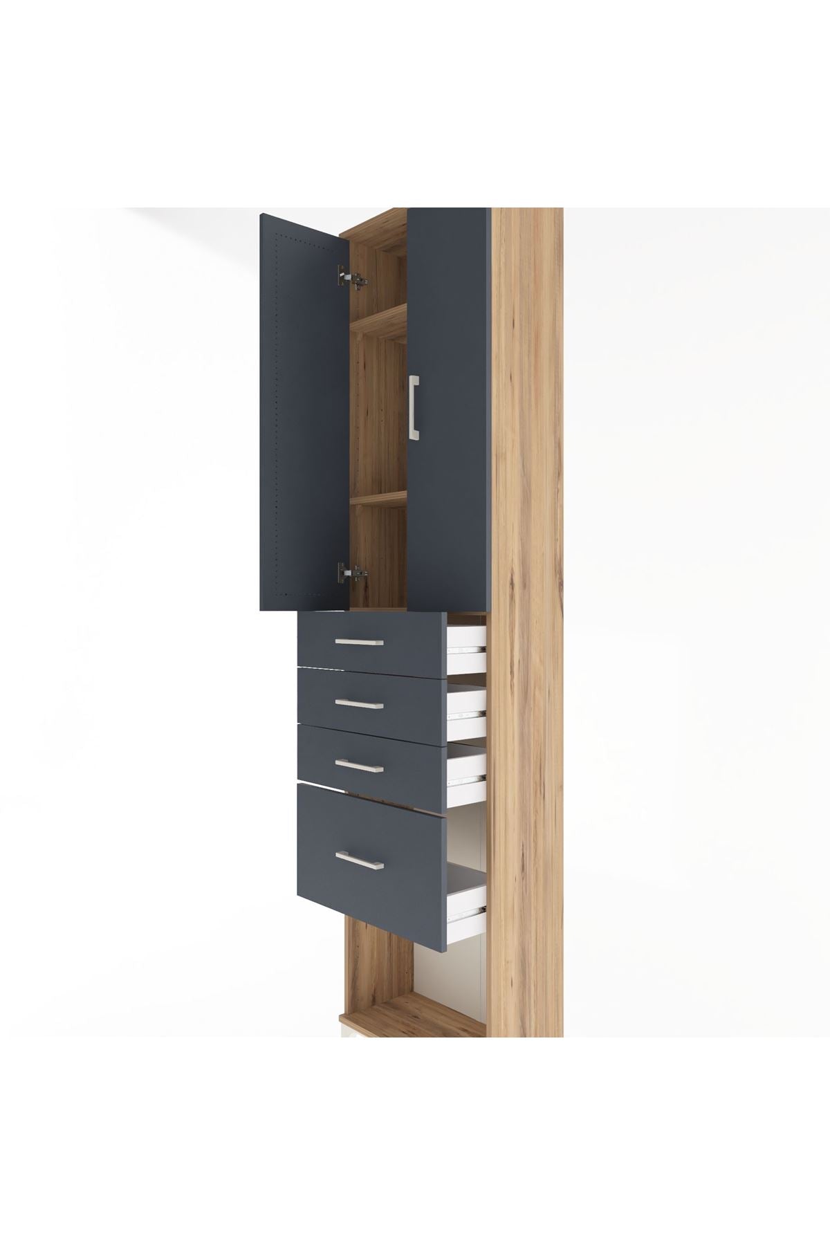 Arges Dolap 3 Raflı 4 Çekmeceli 2 Kapaklı 60x30x243 Çam-Antrasit