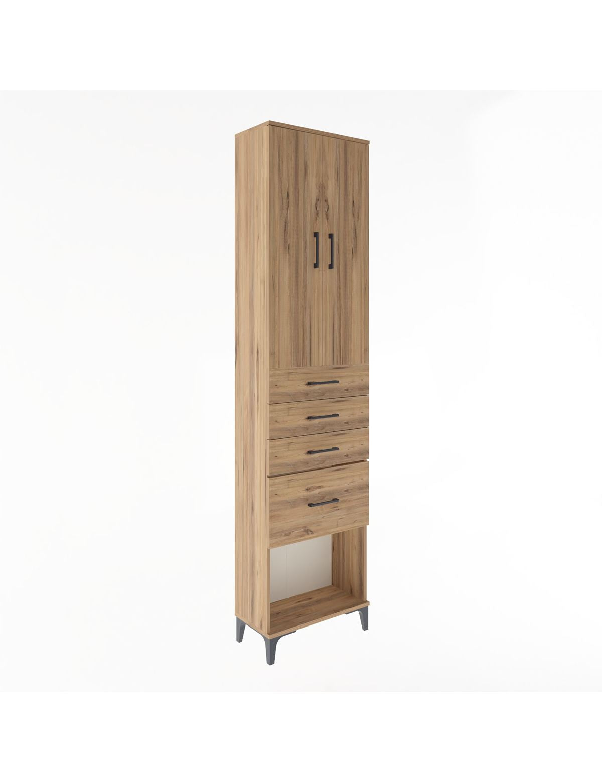 Arges Dolap 3 Raflı 4 Çekmeceli 2 Kapaklı 60x30x243 Çam-Çam