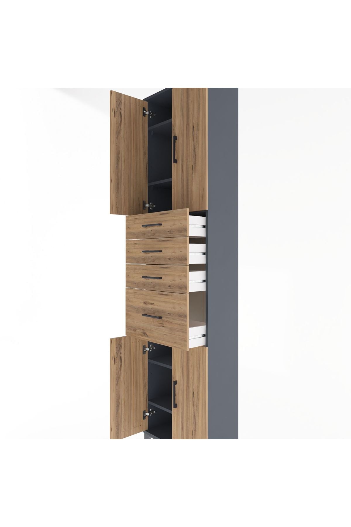 Arges Dolap 5 Raflı 4 Çekmeceli 4 Kapaklı 60x30x243 Antrasit-Çam