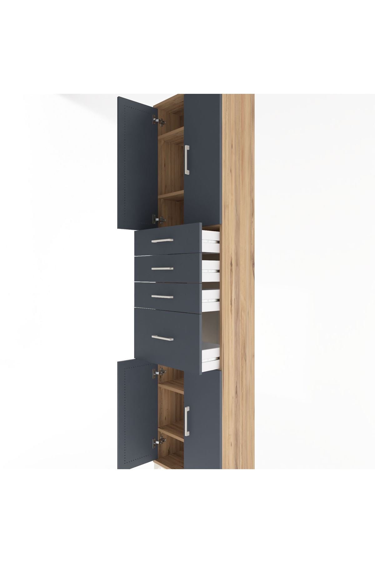 Arges Dolap 5 Raflı 4 Çekmeceli 4 Kapaklı 60x30x243 Çam-Antrasit