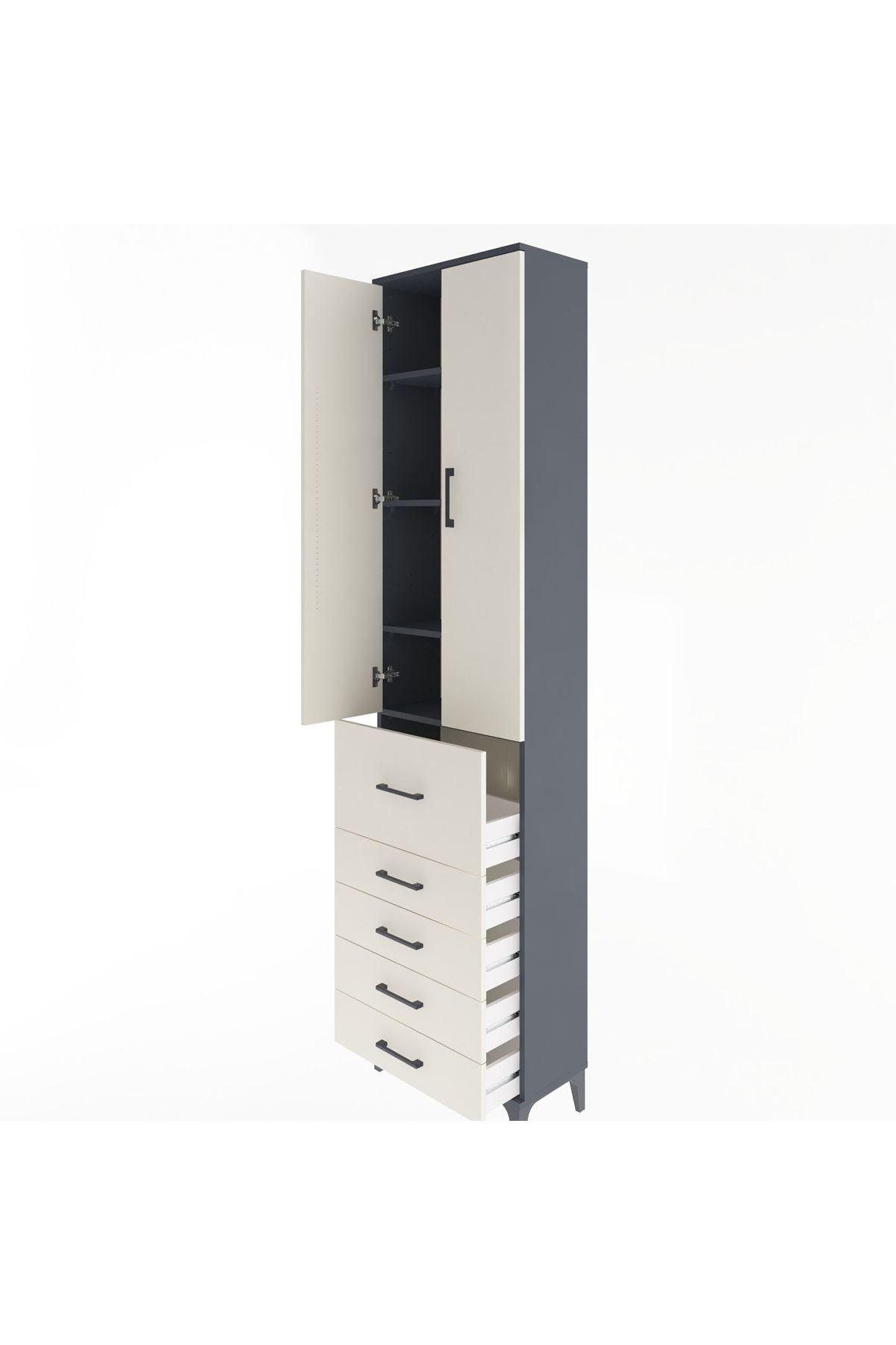 Arges Dolap 4 Raflı 5 Çekmeceli 2 Kapaklı 60x30x243 Antrasit-Aytaşı