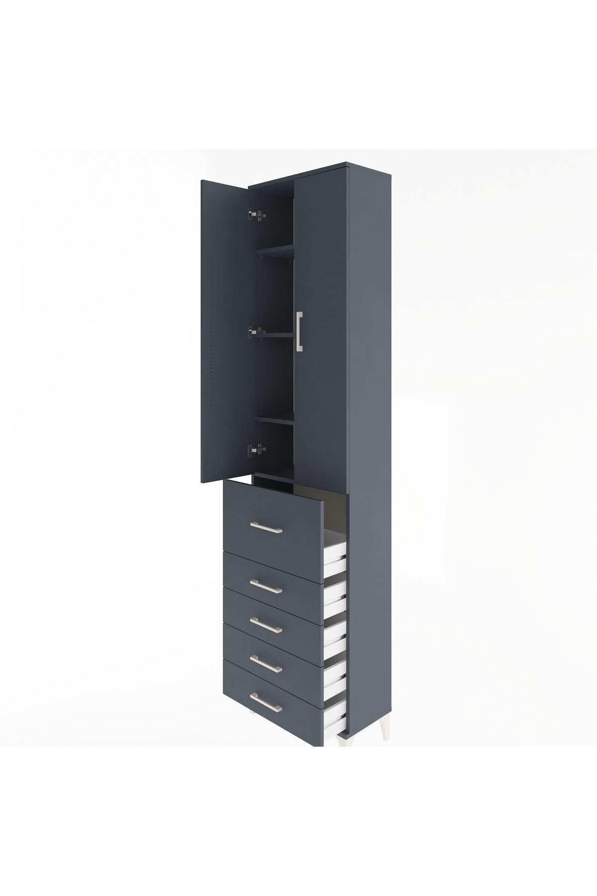 Arges Dolap 4 Raflı 5 Çekmeceli 2 Kapaklı 60x30x243 Antrasit-Antrasit
