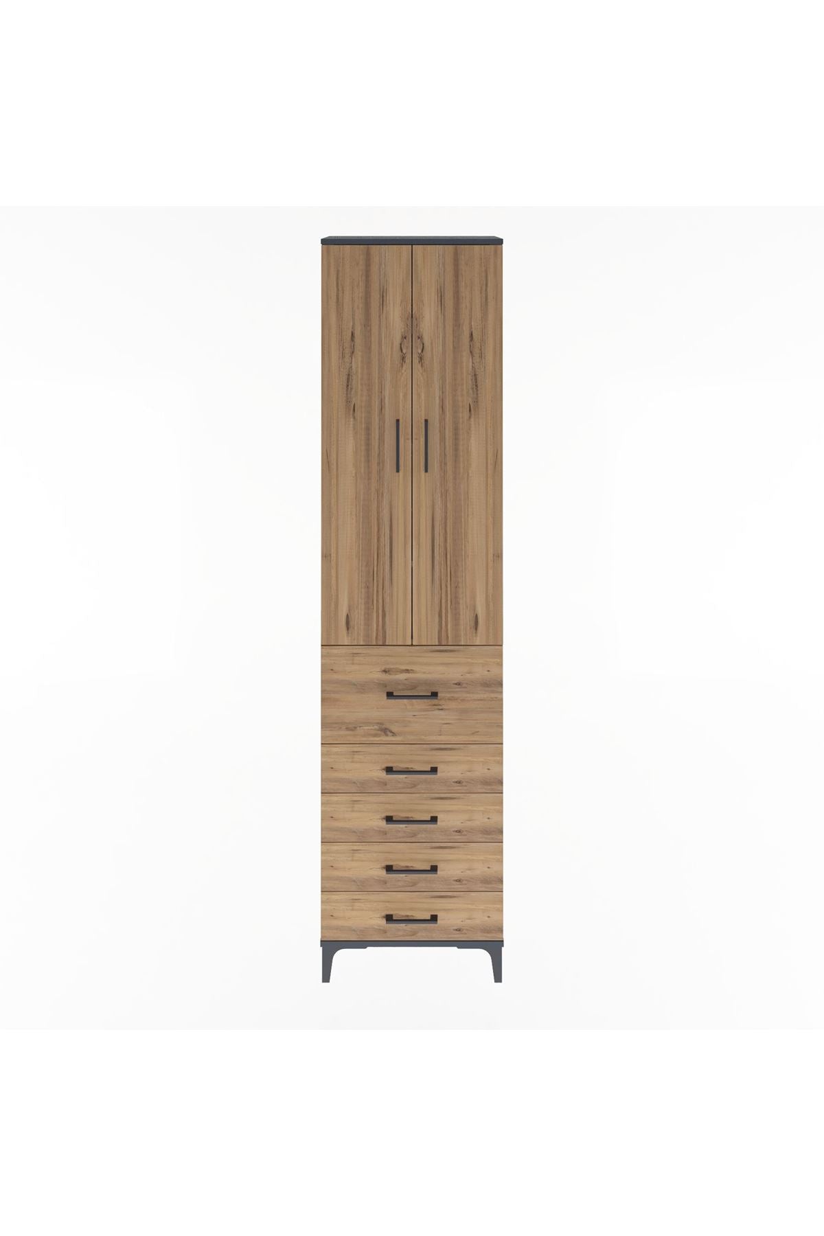 Arges Dolap 4 Raflı 5 Çekmeceli 2 Kapaklı 60x30x243 Antrasit-Çam