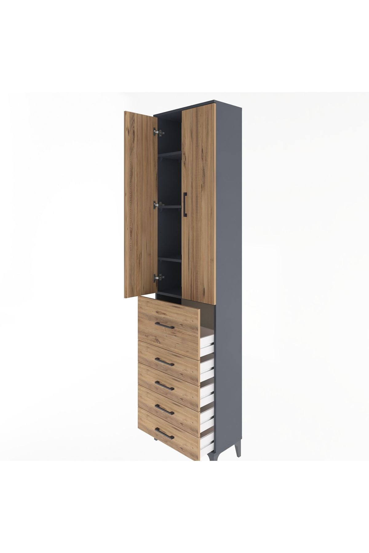 Arges Dolap 4 Raflı 5 Çekmeceli 2 Kapaklı 60x30x243 Antrasit-Çam