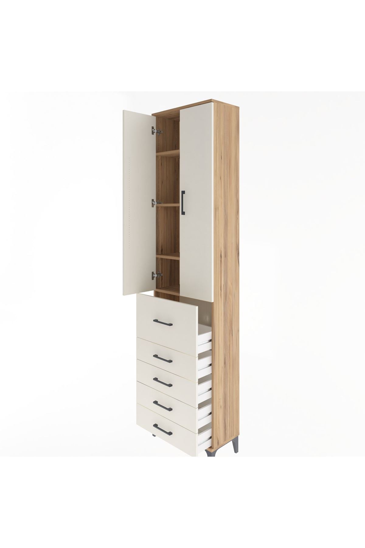 Arges Dolap 4 Raflı 5 Çekmeceli 2 Kapaklı 60x30x243 Çam-Aytaşı