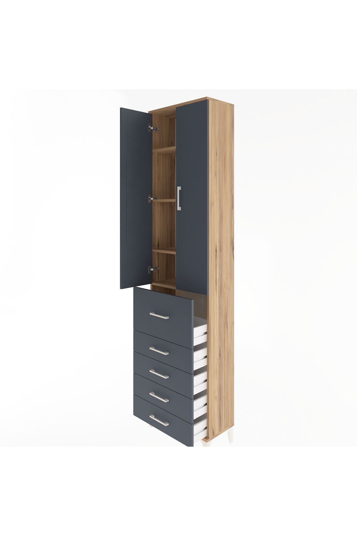 Arges Dolap 4 Raflı 5 Çekmeceli 2 Kapaklı 60x30x243 Çam-Antrasit