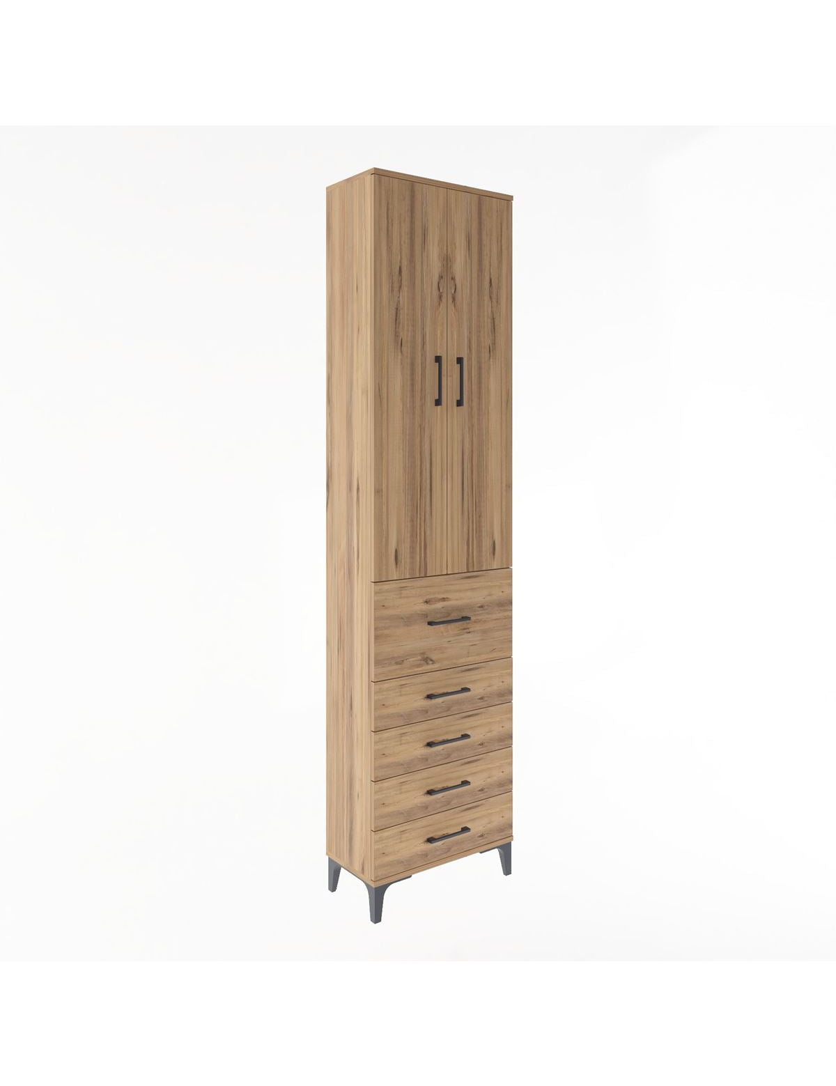 Arges Dolap 4 Raflı 5 Çekmeceli 2 Kapaklı 60x30x243 Çam-Çam