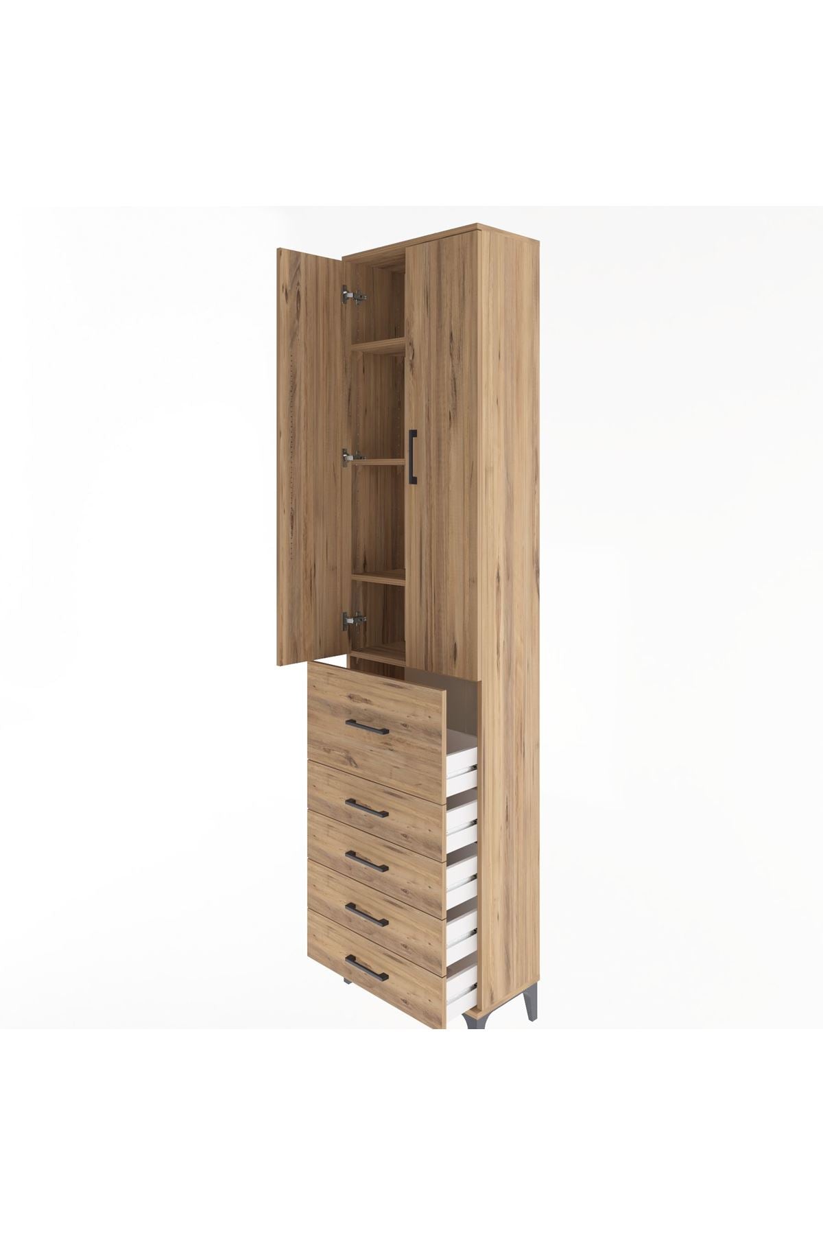 Arges Dolap 4 Raflı 5 Çekmeceli 2 Kapaklı 60x30x243 Çam-Çam