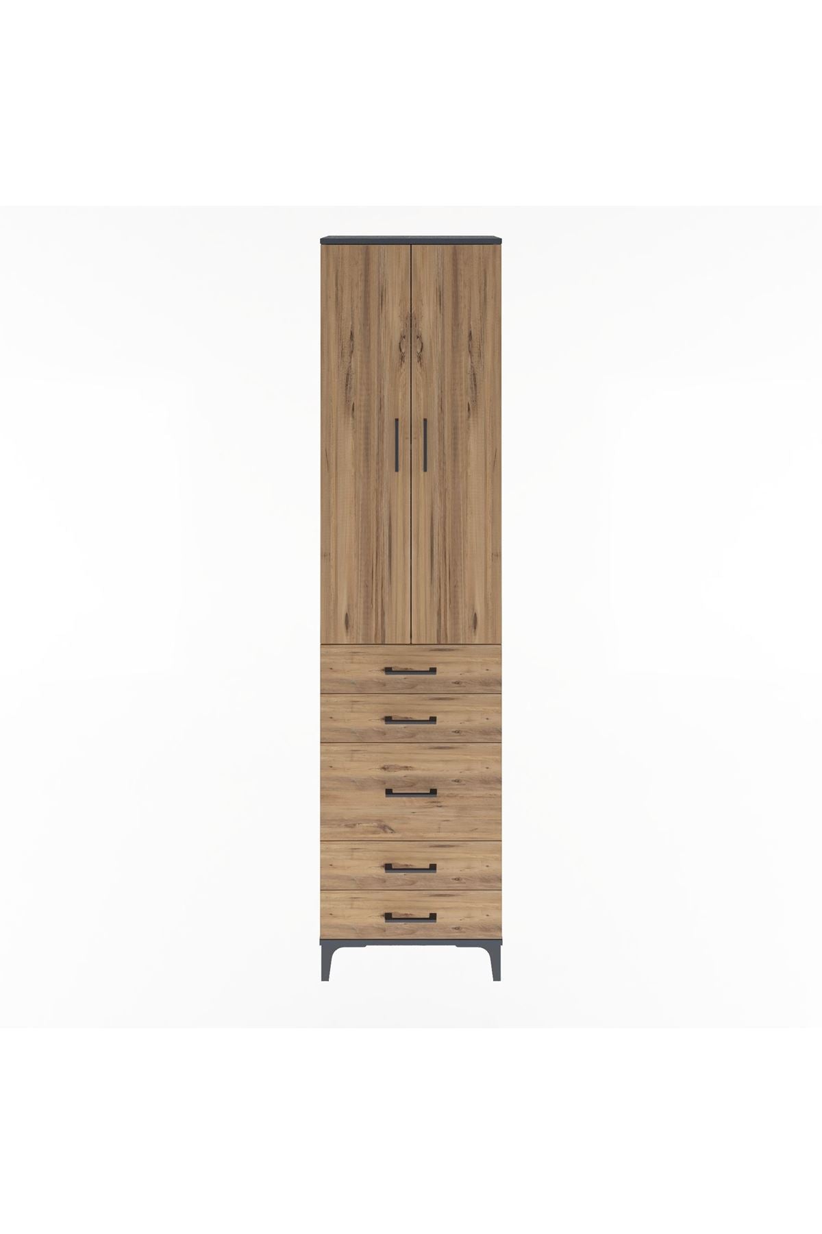 Arges Dolap 4 Raflı 5 Çekmeceli 2 Kapaklı 60x30x243 Antrasit-Çam