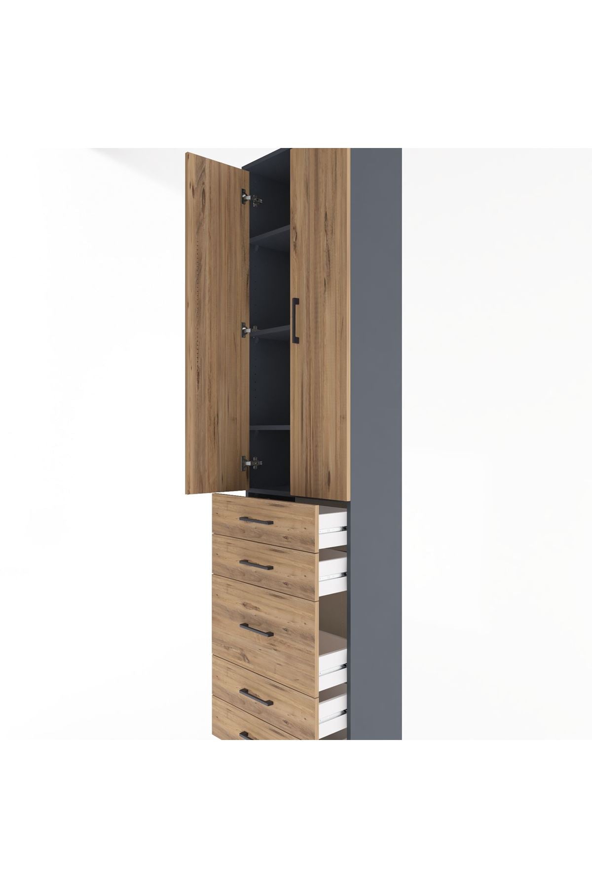Arges Dolap 4 Raflı 5 Çekmeceli 2 Kapaklı 60x30x243 Antrasit-Çam