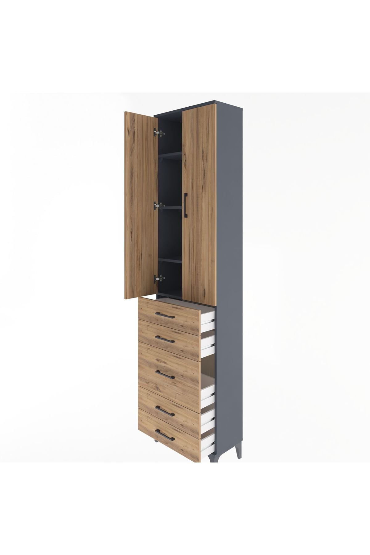 Arges Dolap 4 Raflı 5 Çekmeceli 2 Kapaklı 60x30x243 Antrasit-Çam