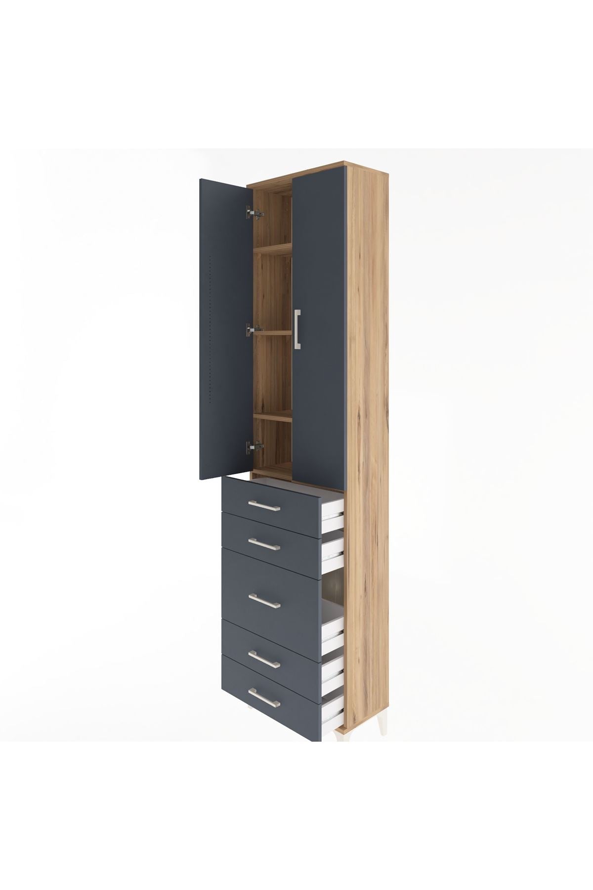 Arges Dolap 4 Raflı 5 Çekmeceli 2 Kapaklı 60x30x243 Çam-Antrasit