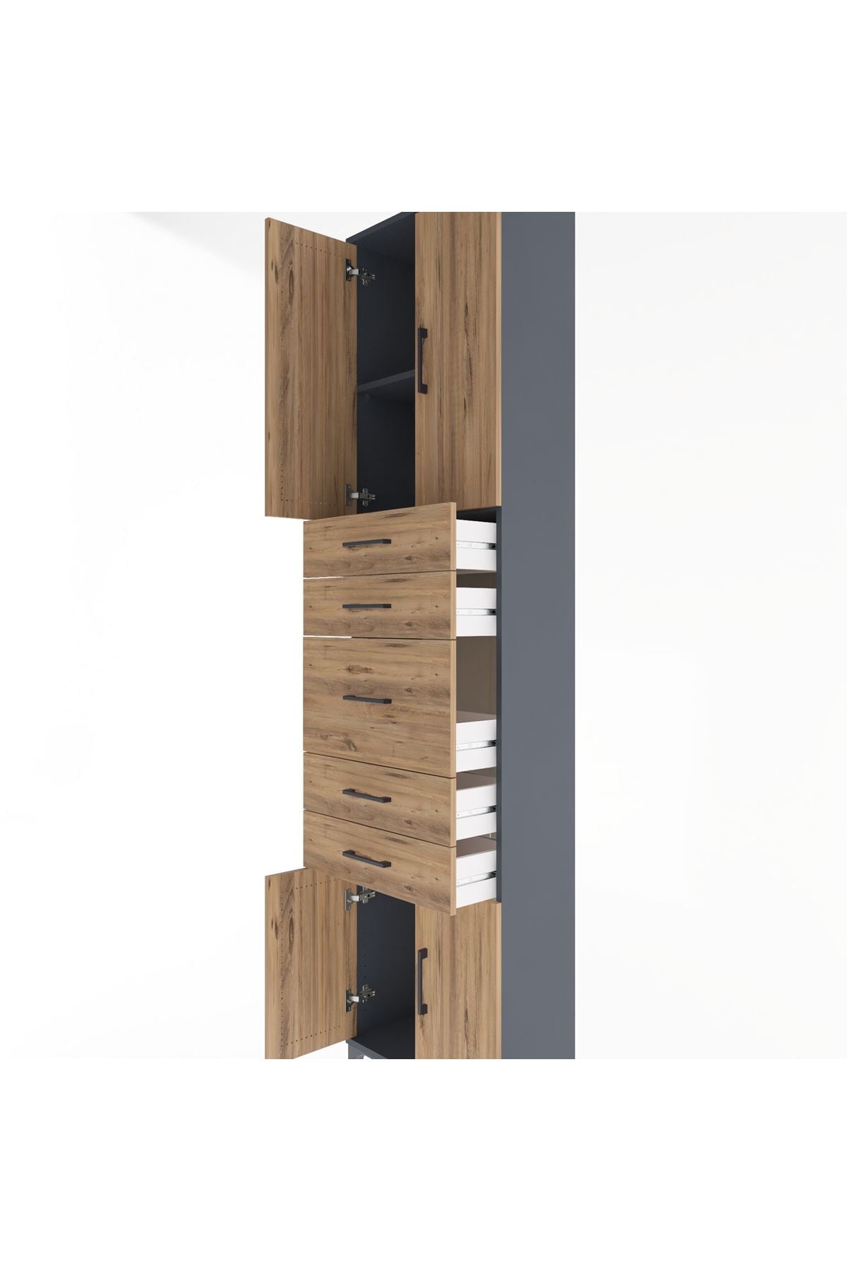 Arges Dolap 2 Raflı 5 Çekmeceli 4 Kapaklı 60x30x243 Antrasit-Çam