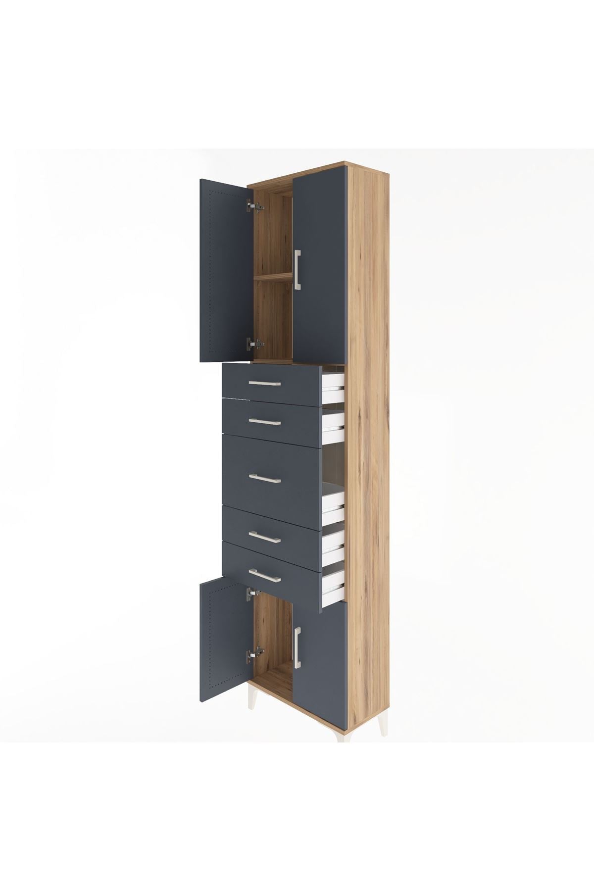 Arges Dolap 2 Raflı 5 Çekmeceli 4 Kapaklı 60x30x243 Çam-Antrasit