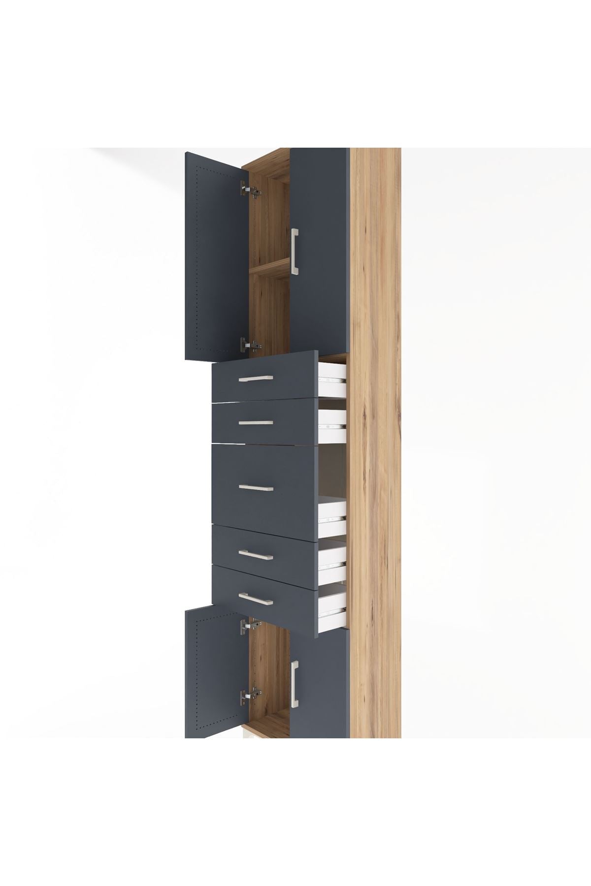 Arges Dolap 2 Raflı 5 Çekmeceli 4 Kapaklı 60x30x243 Çam-Antrasit