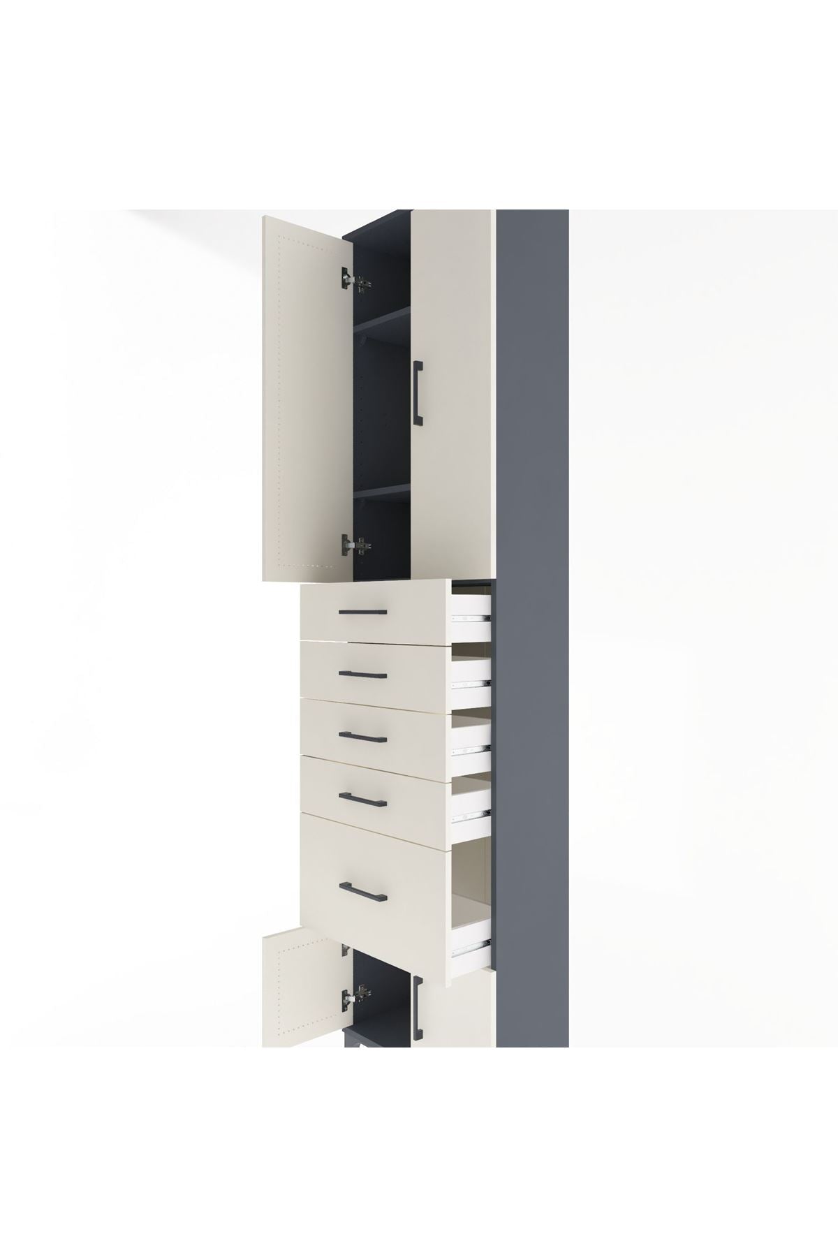 Arges Dolap 3 Raflı 5 Çekmeceli 4 Kapaklı 60x30x243 Antrasit-Aytaşı