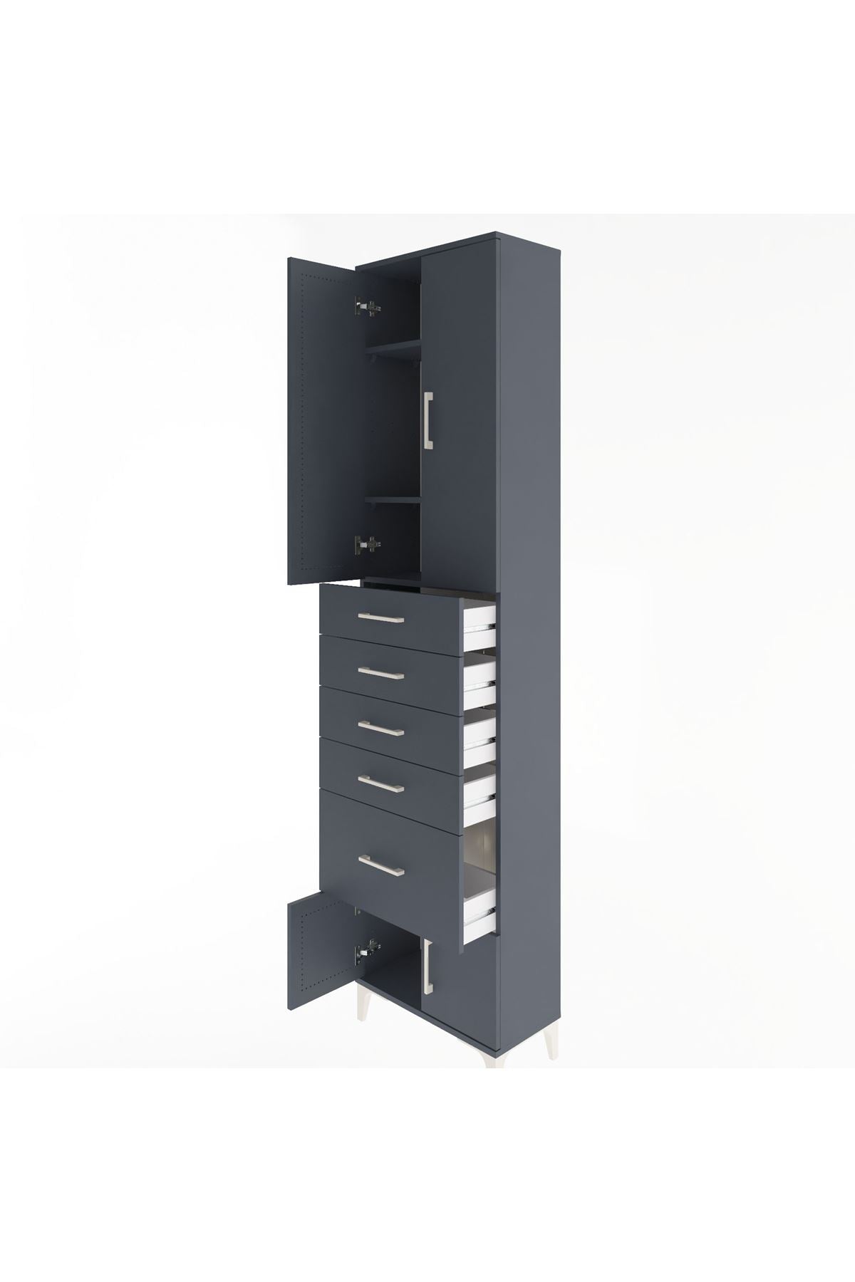 Arges Dolap 3 Raflı 5 Çekmeceli 4 Kapaklı 60x30x243 Antrasit-Antrasit