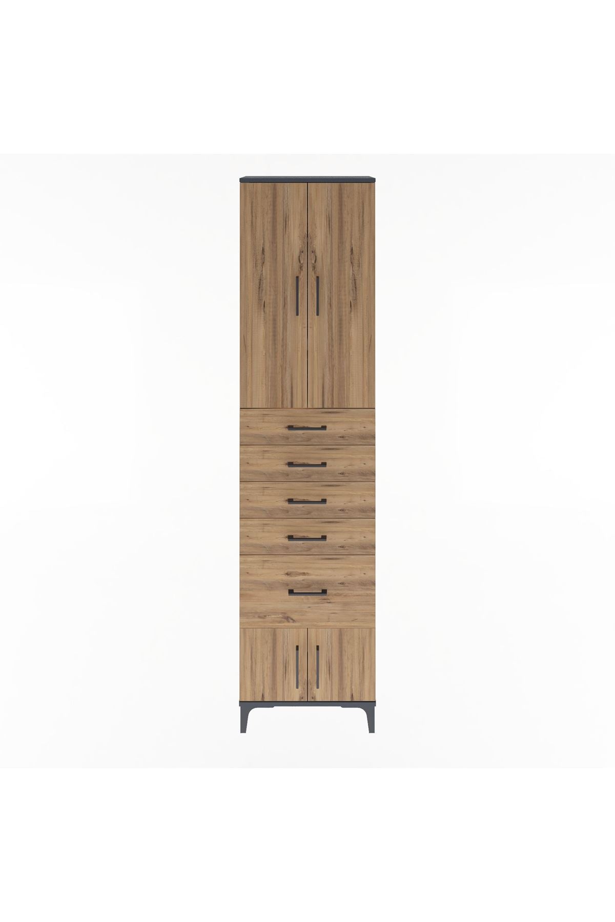 Arges Dolap 3 Raflı 5 Çekmeceli 4 Kapaklı 60x30x243 Antrasit-Çam