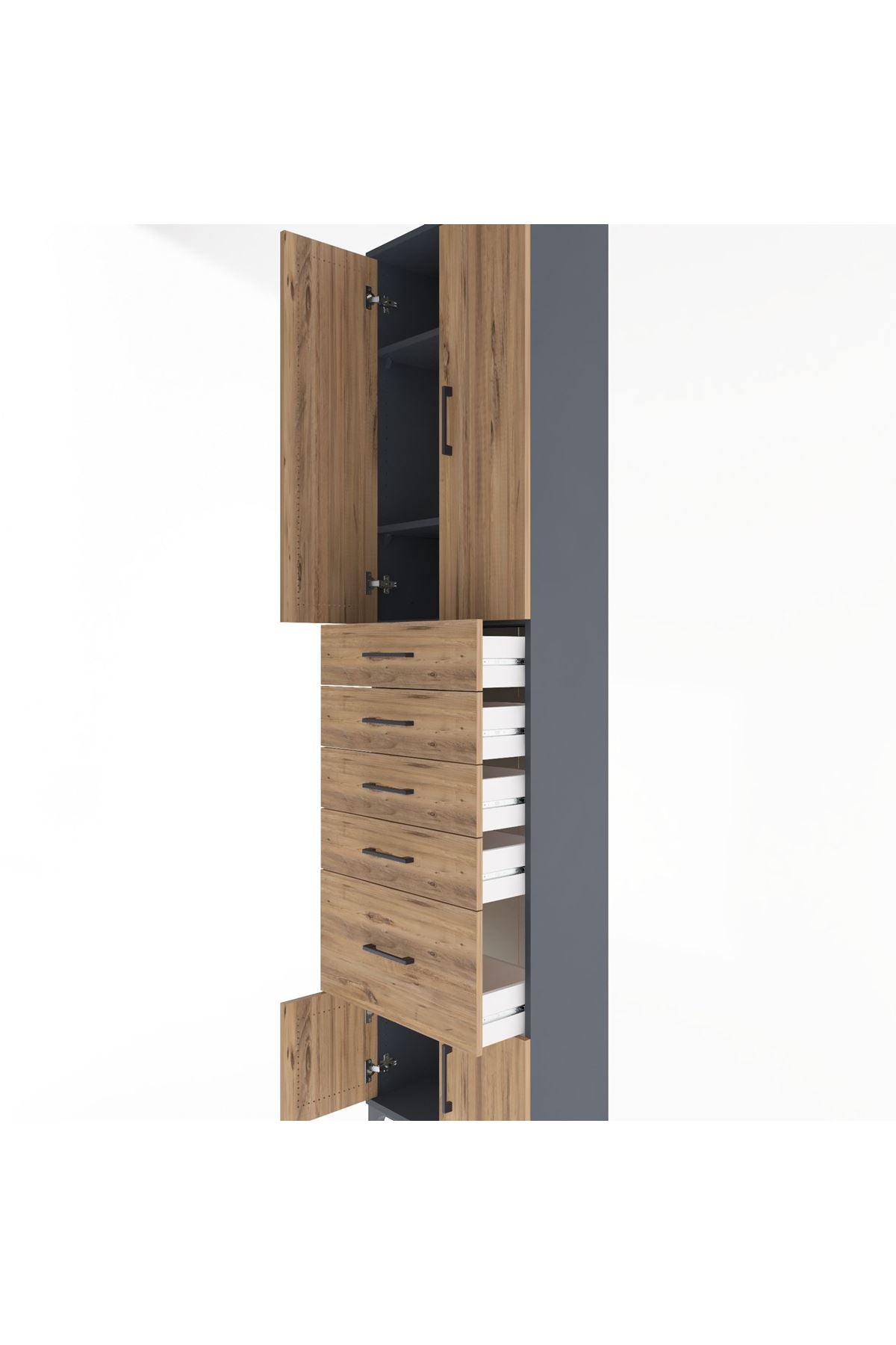 Arges Dolap 3 Raflı 5 Çekmeceli 4 Kapaklı 60x30x243 Antrasit-Çam