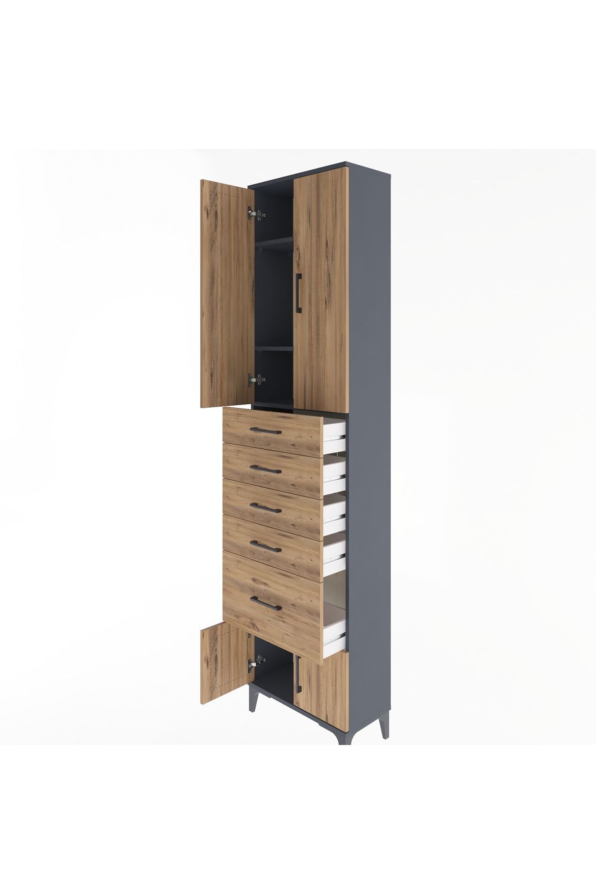 Arges Dolap 3 Raflı 5 Çekmeceli 4 Kapaklı 60x30x243 Antrasit-Çam